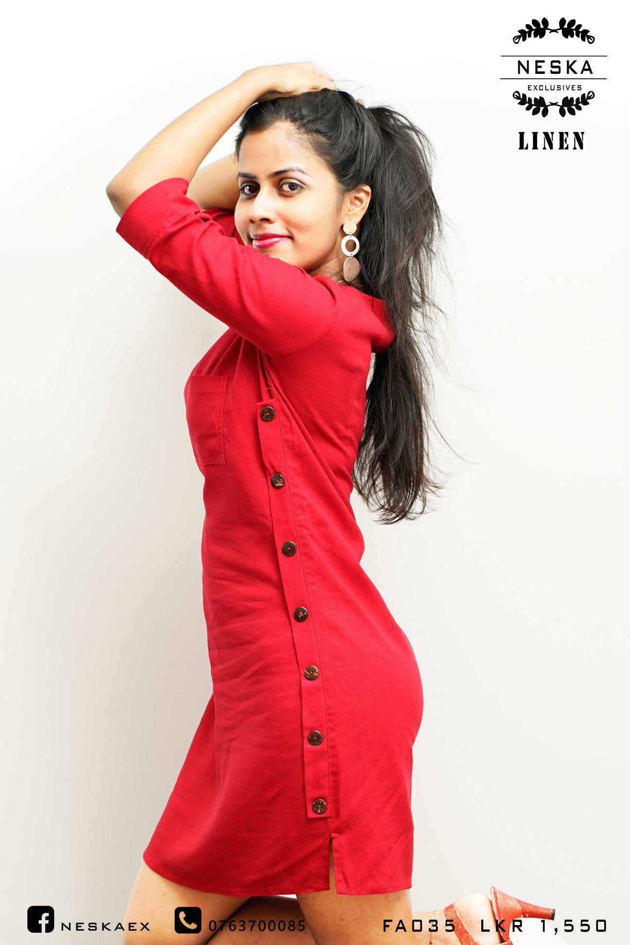 SIDE BUTTON RED DRESS | Linen
