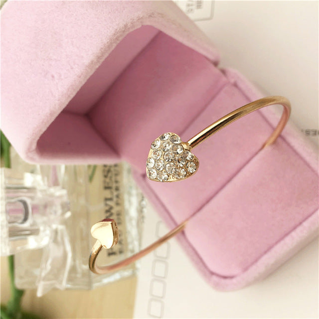 Adjustable Crystal Double Heart Bow Bilezik Cuff Opening Bracelet For Women