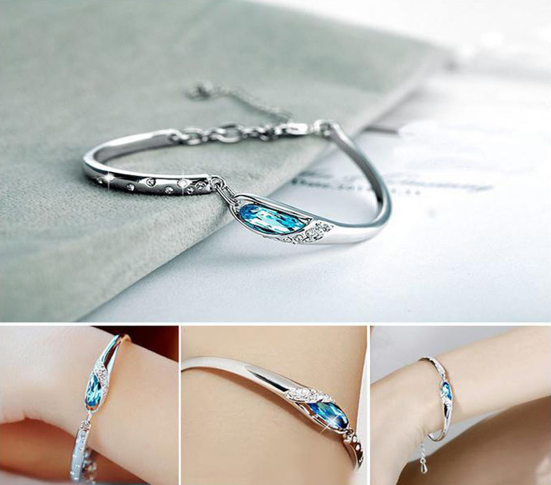 Women Silver Plated Crystal Chain Bangle Cuff Charm Bracelet